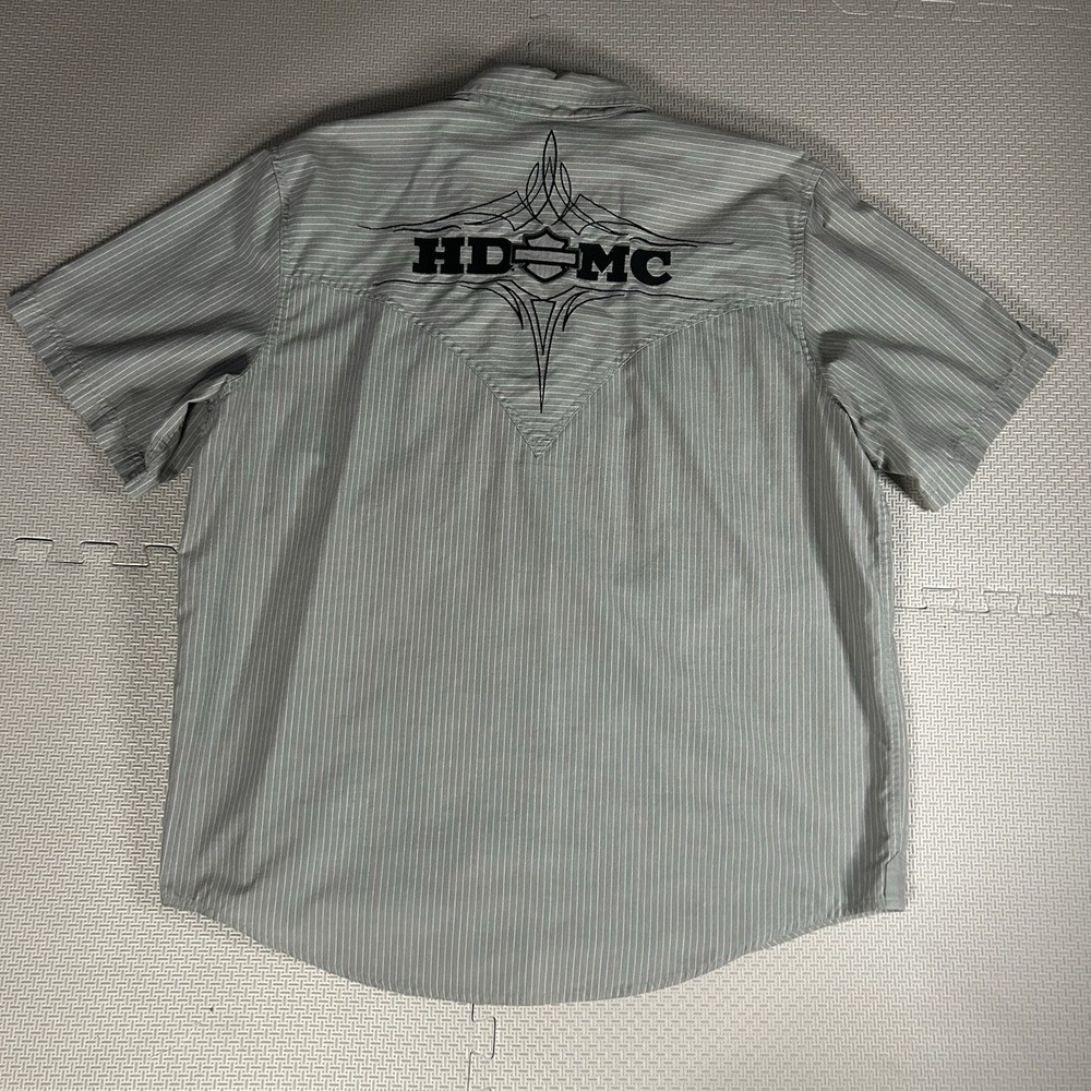 Harley Davidson Short Sleeve Mens Xl Grey Pinstripe Snap Button Down Shirt Biker
